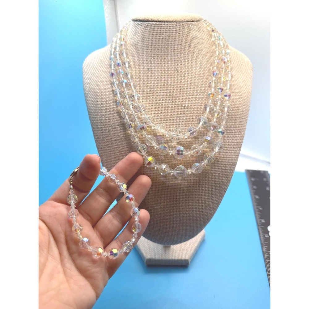 Vintage Aurora Borealis Crystal 3 Strand Necklace and Bracelet Set Iridescent
